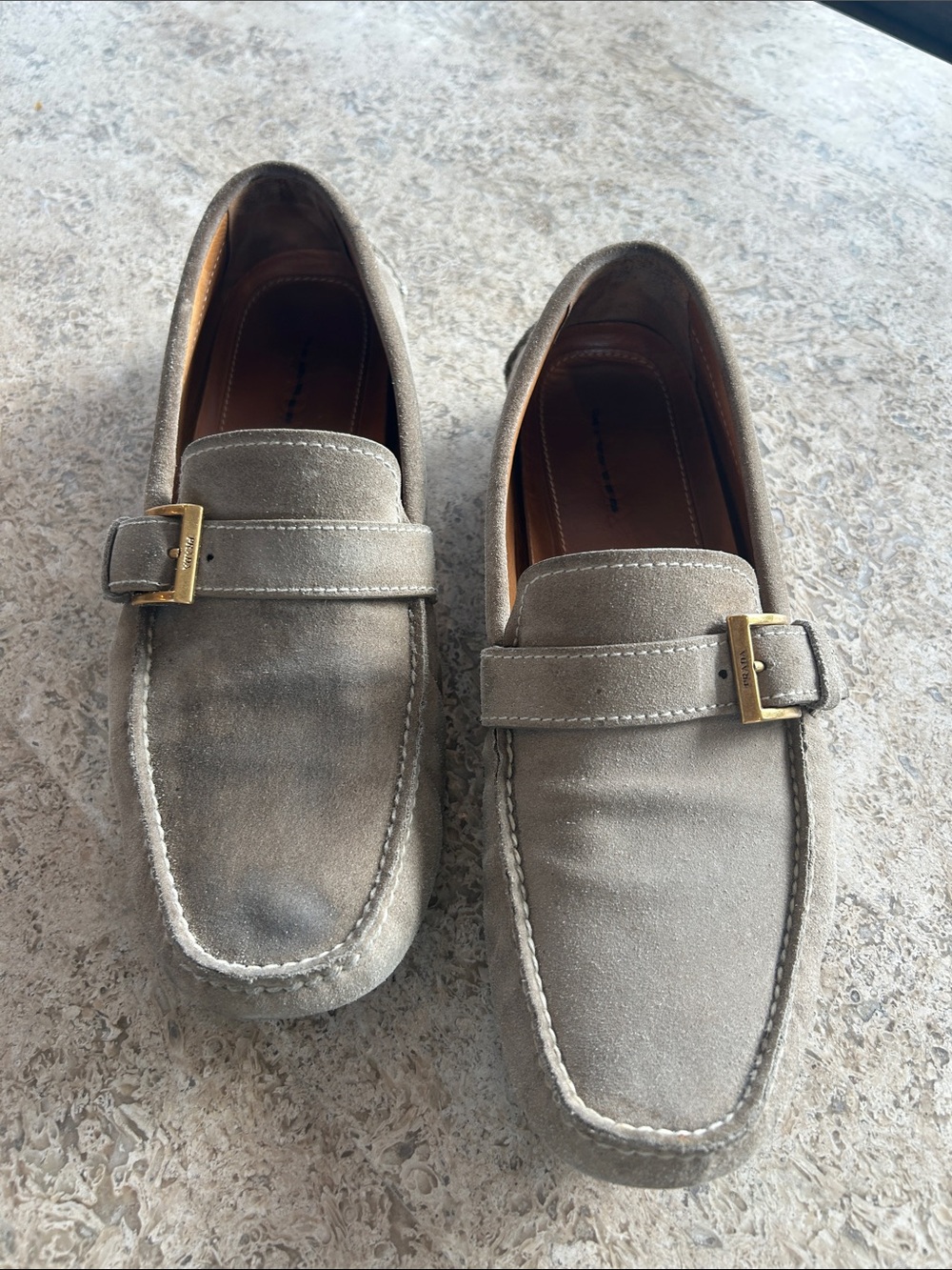 Prada Taupe Suede Buckle Slip-On Loafers 9 and 10